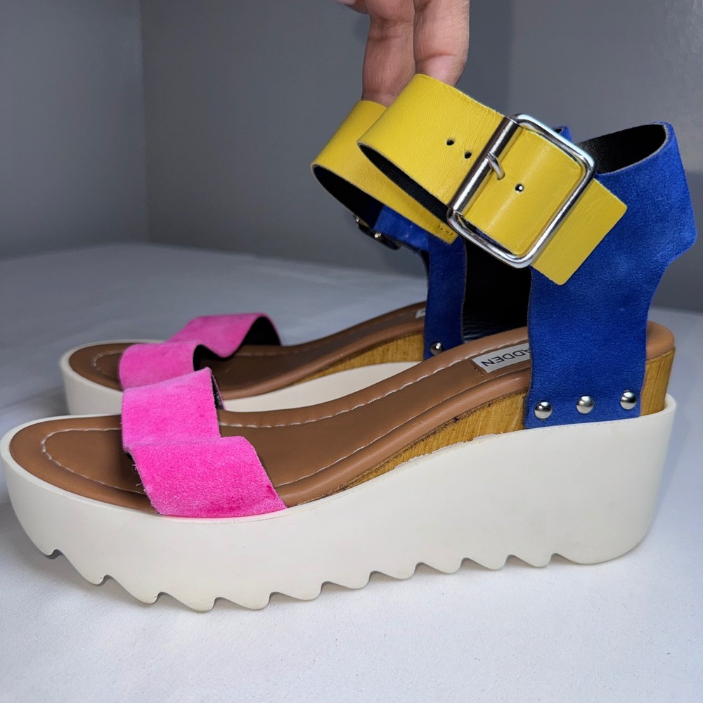 Steve Madden Keanu Colorblock Platform Wedge Sandals Pink Blue Yellow Size 8